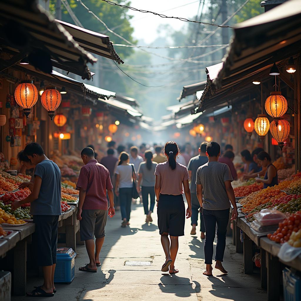 Khung cảnh tấp nập tại chợ Thạch Đà Gò Vấp vào buổi sáng, người dân mua bán sôi động
